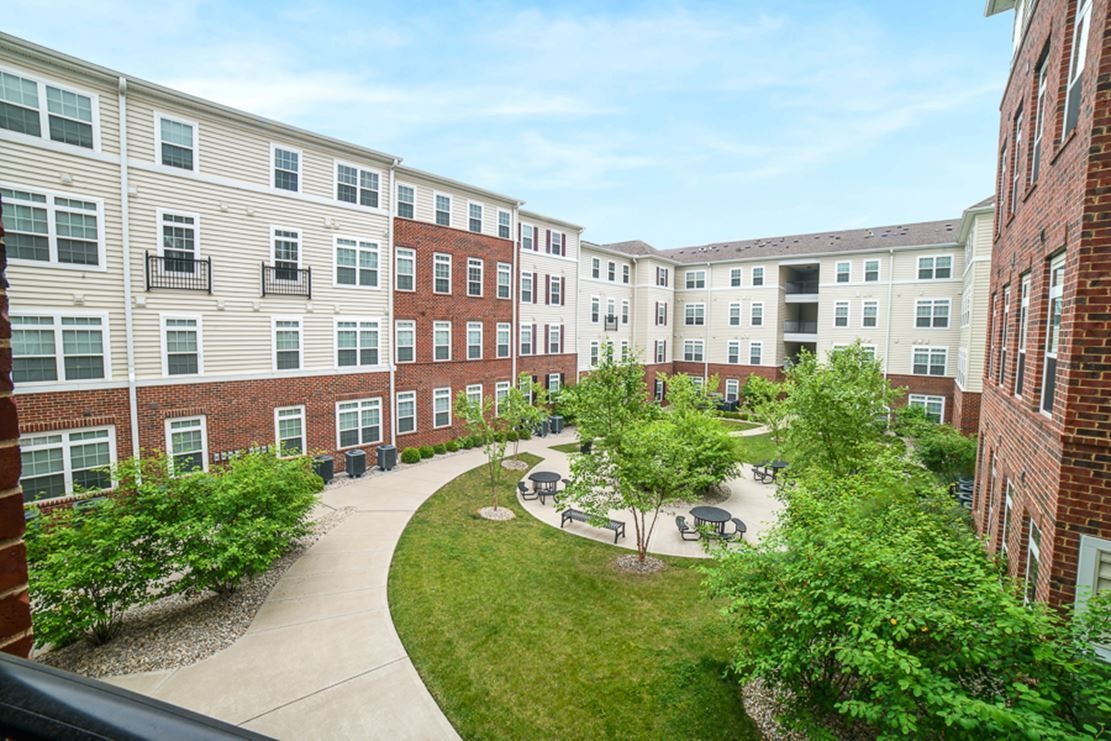 Courtyard and exterior of University Edge apartments.