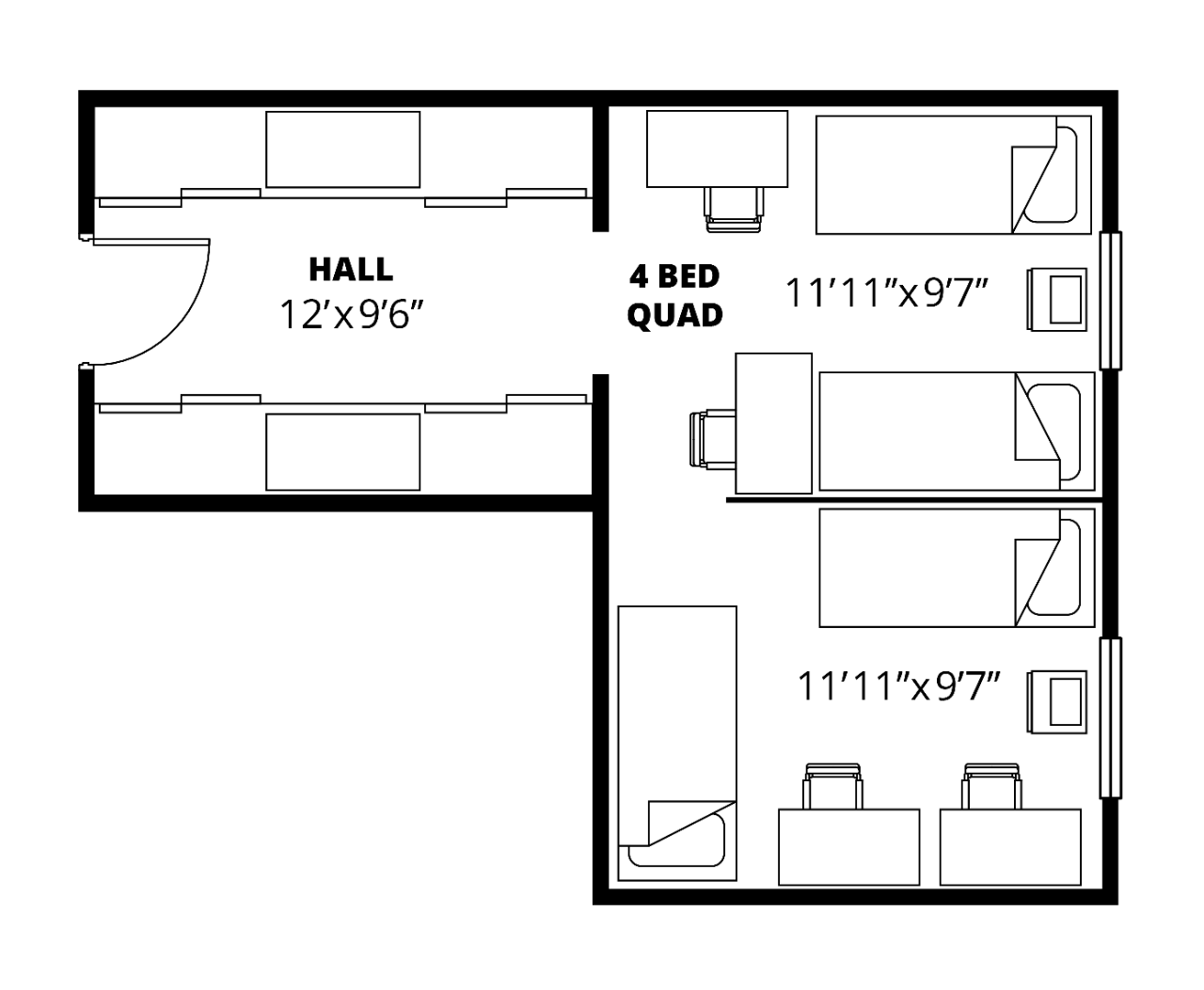 Daniels quad floor plan with hallway and two bunked beds and desks on either side of a divider wall